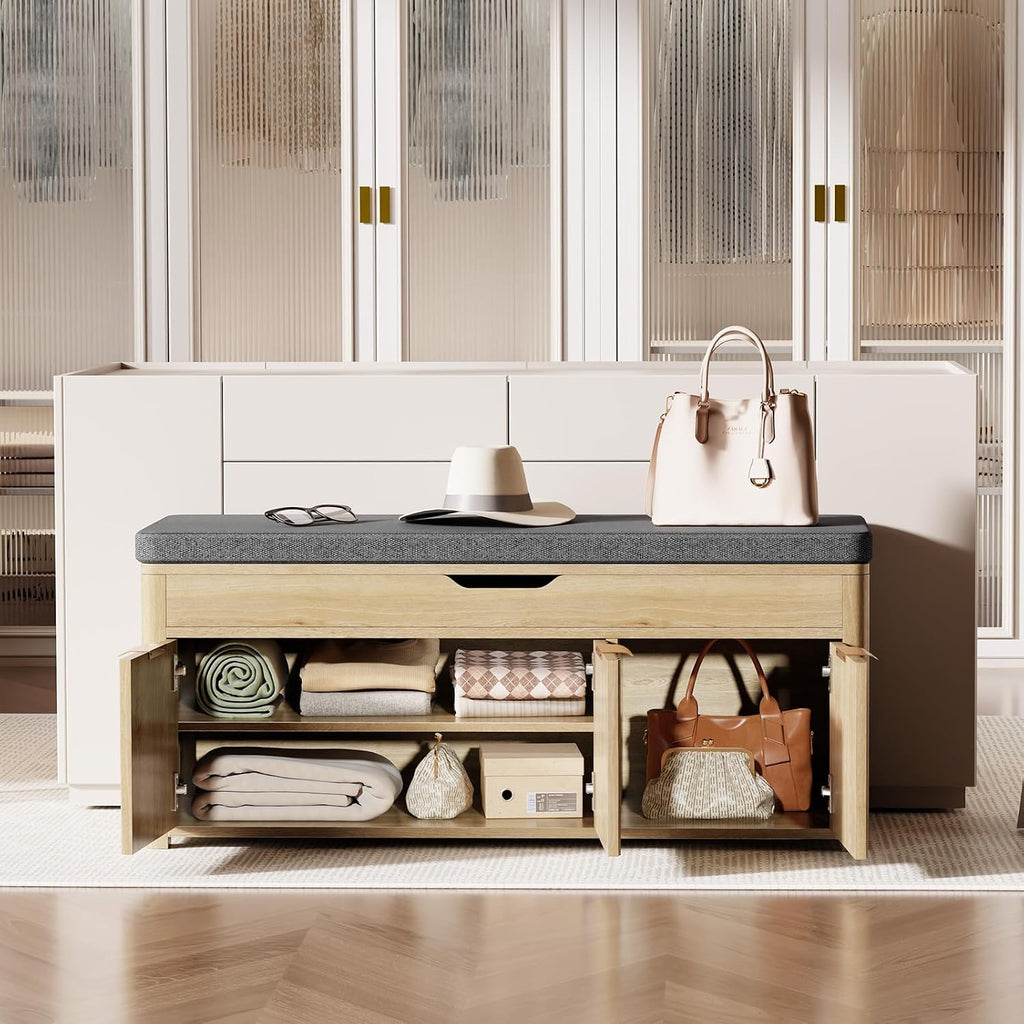 37.4" W Shoe Bench with Storage, Lift Top Entryway Bench, Natural | 2-Tier Adjustable Shoe Rack with Cushioned Seat