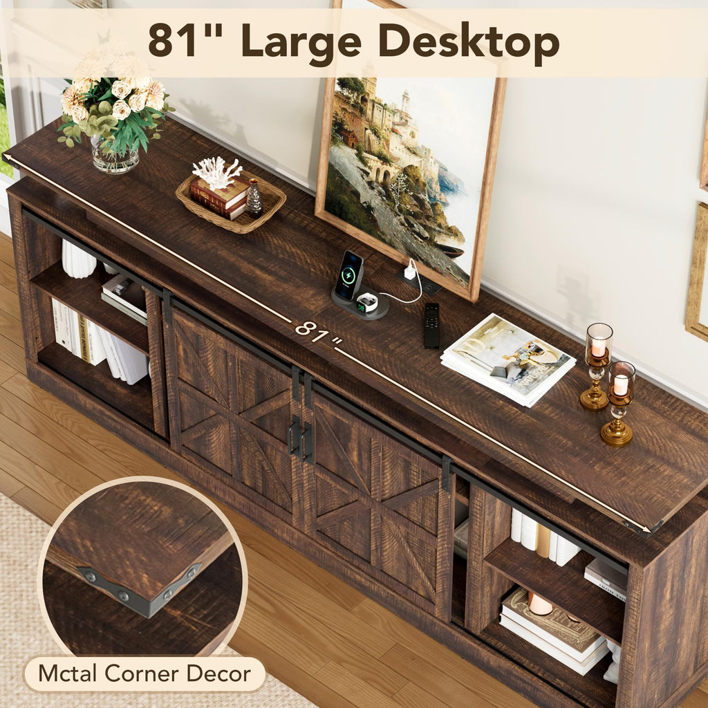 81" Farmhouse TV Stand with Power Outlets and LED Light, Extra Tall Entertainment Center with Sliding Barn Door for