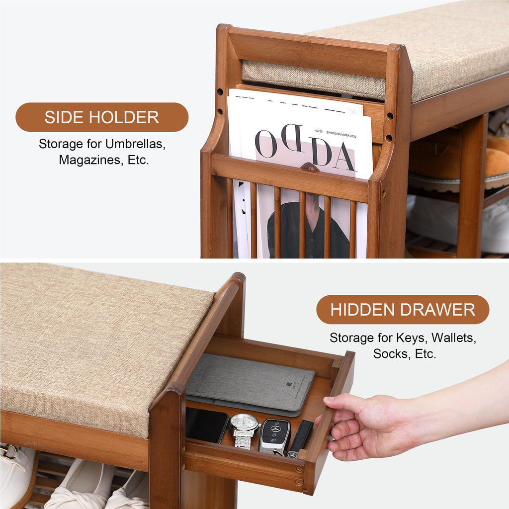 39.4" Shoe Bench with Coat Rack Hidden Drawer and Side Holder, 2 Tier Entryway Bench with Storage, Bamboo Shoe Rack
