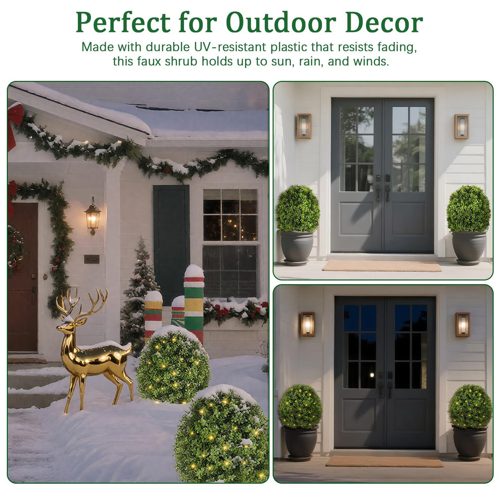 Artificial Boxwood Topiary Trees for Outdoor with LED String Lights, 2 Pack