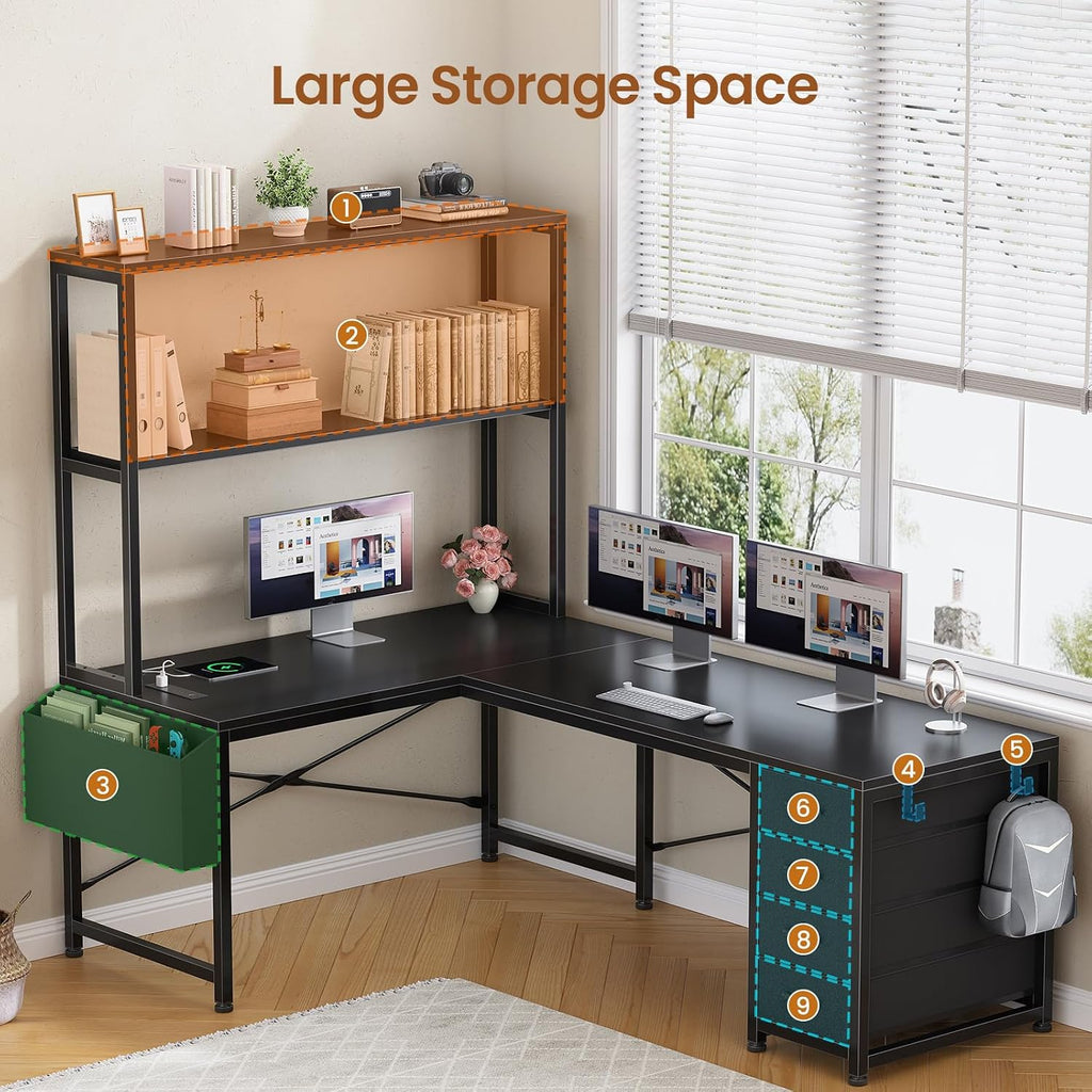 L Shaped Gaming Desk, 51.2" Reversible Small Corner Desk with 4 Drawer, Power Outlet & LED Lights, Home Office Desk