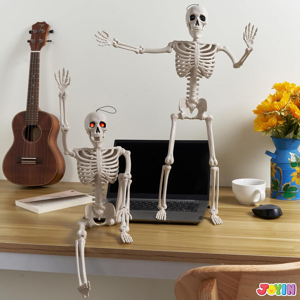 24 Inch Halloween Posable Skeleton with LED Red Glowing Eyes, 2FT Realistic Hanging Skeleton Bone Full Body Movable