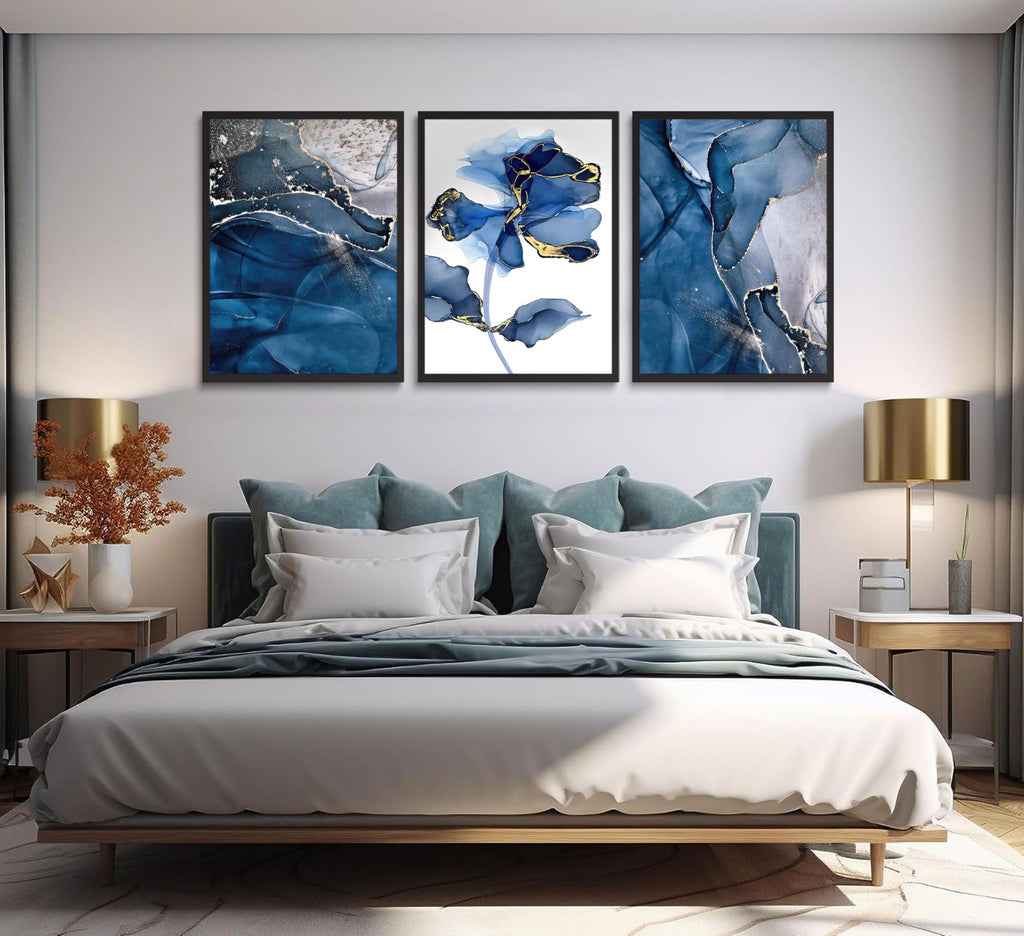 Abstract Marble Wall Art Blue And Gold Wall Decor Modern Canvas Paintings Abstract Flower Poster Picture Bedroom