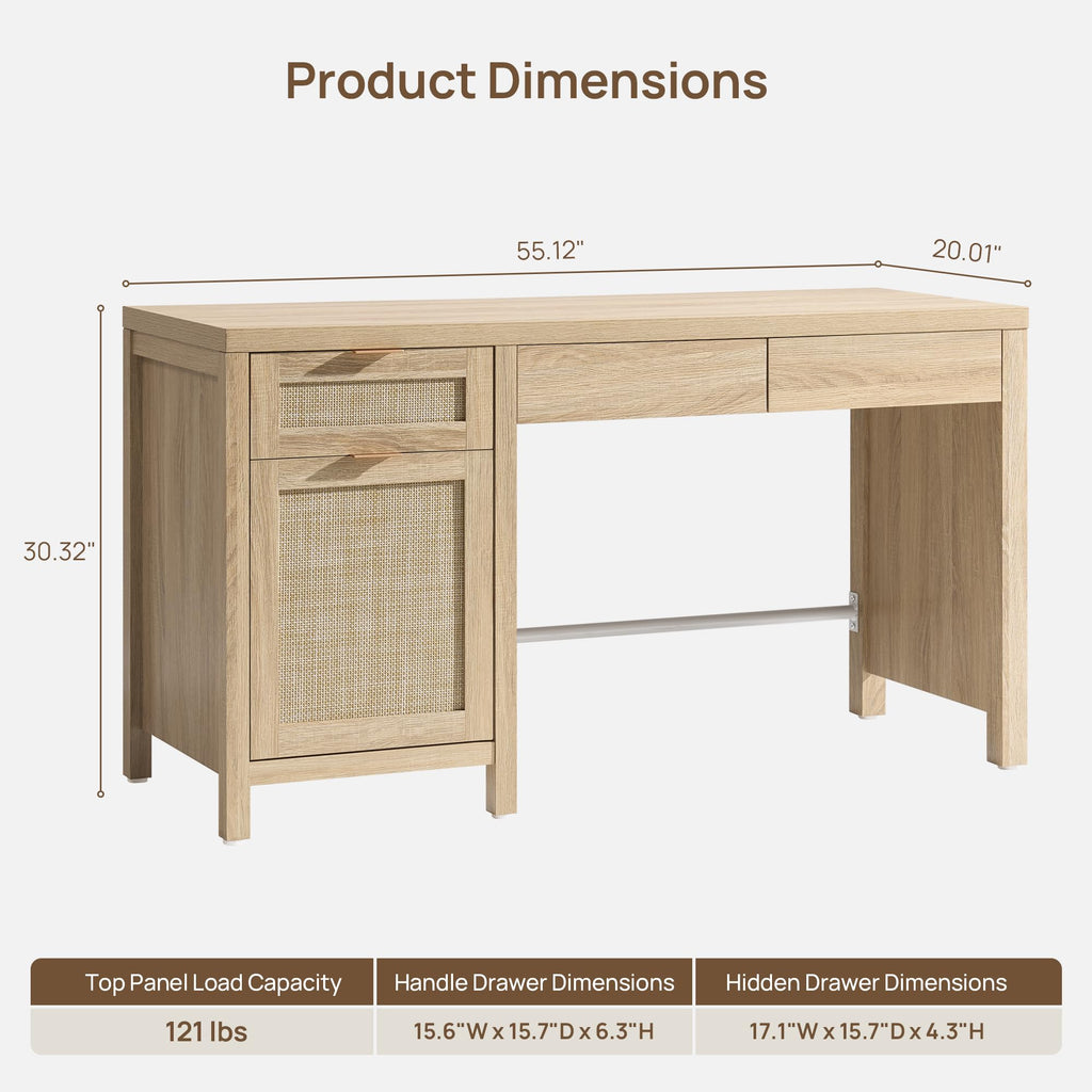 55" Rattan Desk with 3 Drawers - Wood Office Computer Desk with Storage Modern Boho Home Office Desks with Side