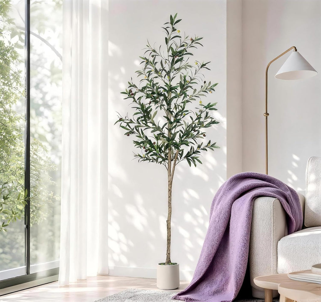 6FT Olive Trees Artificial Indoor, Fake Olive Tree with Heavy White Planter