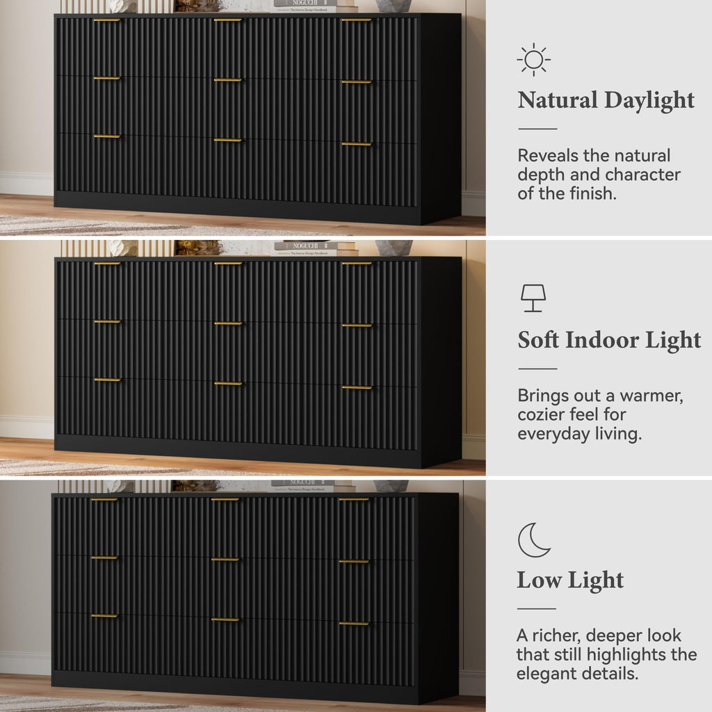 9 Drawer Dresser, 63" Wide Fluted Wood Dresser, Black