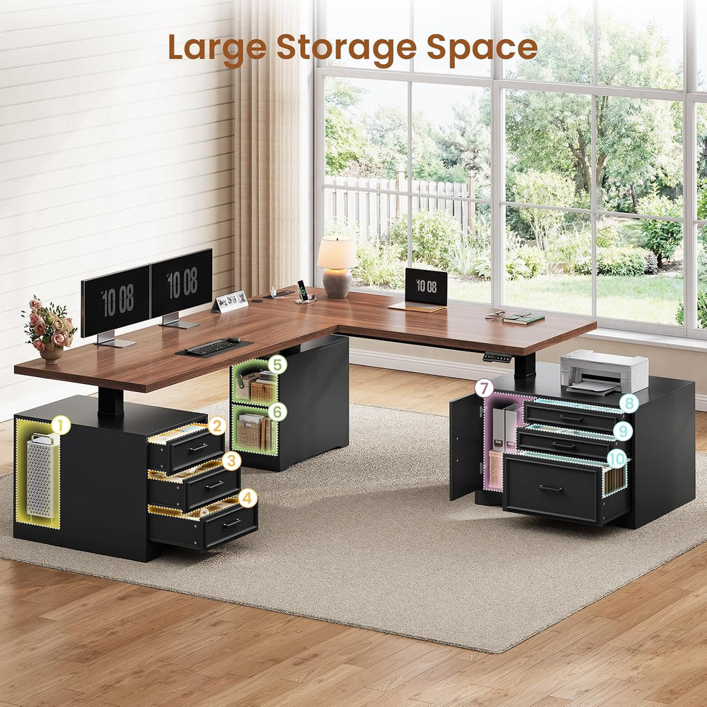 Farmhouse L Shaped Electric Standing Desk with File Cabinet, 77 x 55'' Height Adjustable Home Office Computer Desk