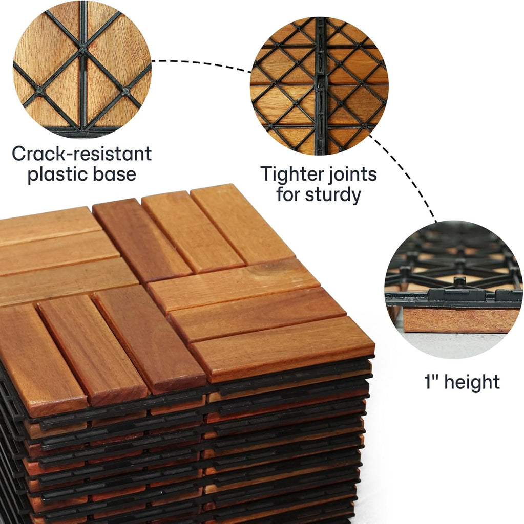 Wood Interlocking Deck Tiles - 12"x12" Indoor & Outdoor Flooring Tiles for Balcony, Backyard & Poolside, Weather & UV