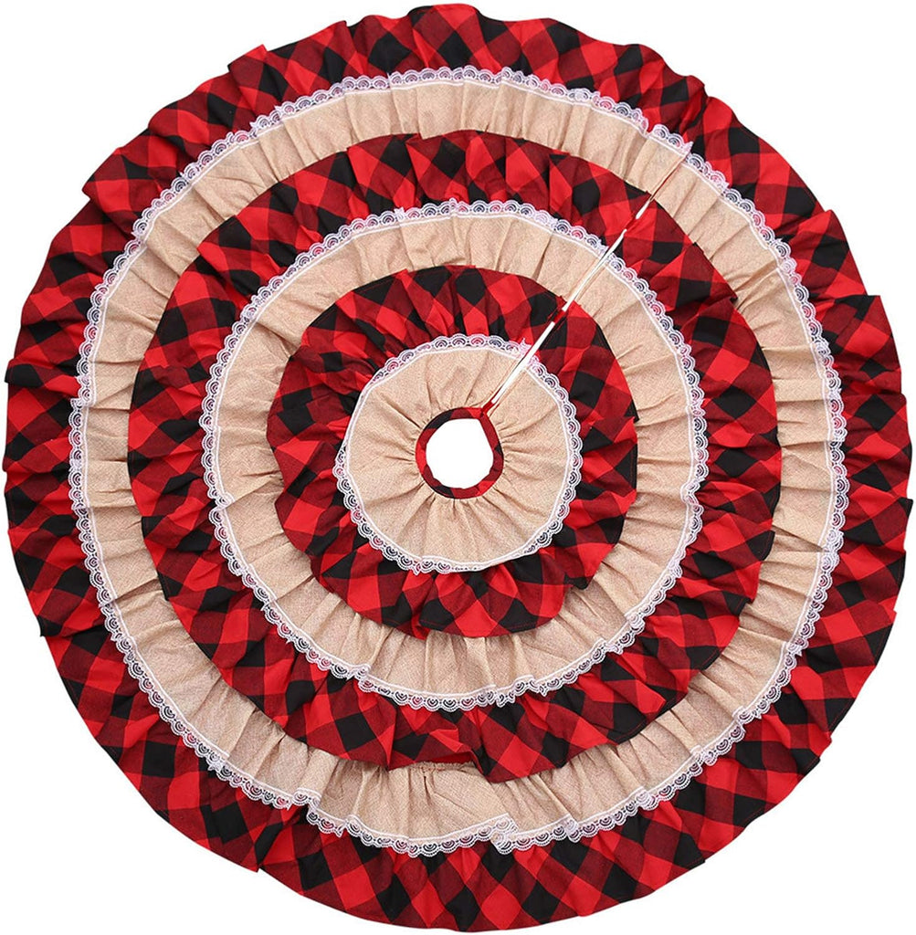 48 Inches Christmas Tree Skirts, Burlap Red and Black Buffalo Check Xmas Tree Base Cover for Xmas New Year Home Party