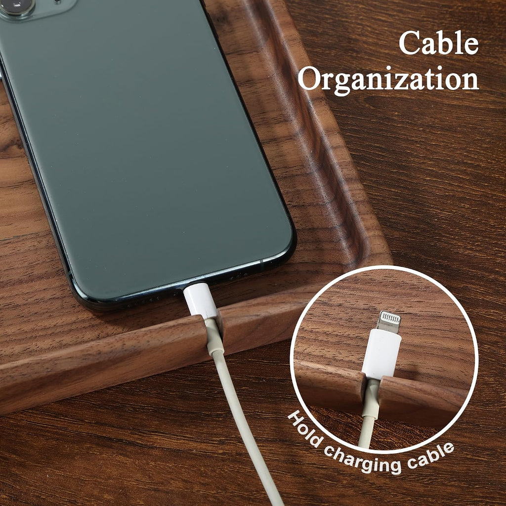Walnut Wooden Valet Tray - Bedside Table Organizer for Men Dad, Edc Catch All Tray with Cable Slot (11.4 x 7.9 x 0.8