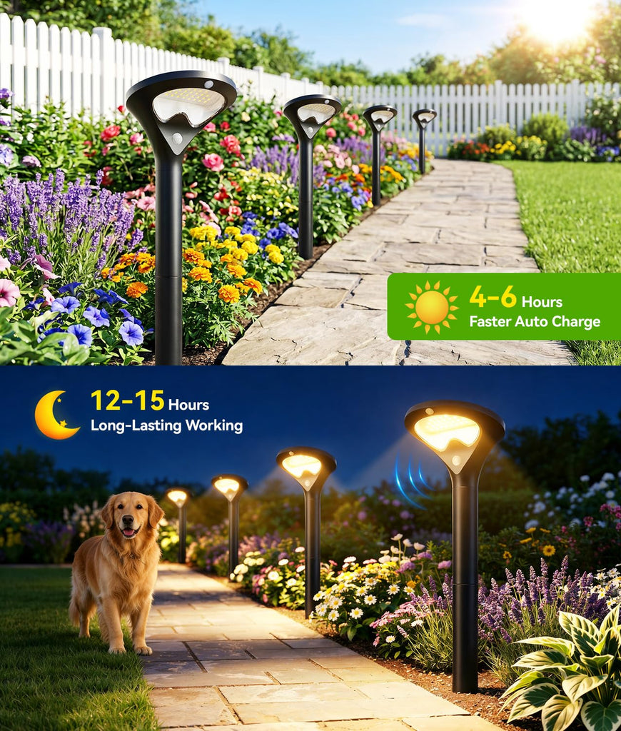 Solar Pathway Lights Outdoor with Motion Sensor, 6 Pack Security Solar Garden Lights, Bright LEDs, Larger Glass