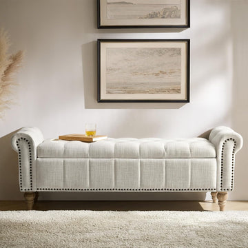 Farmhouse Storage Bench, Ivory | End of Bed Bench with Vintage Button-Tufted Design, Bedroom Bench with Storage