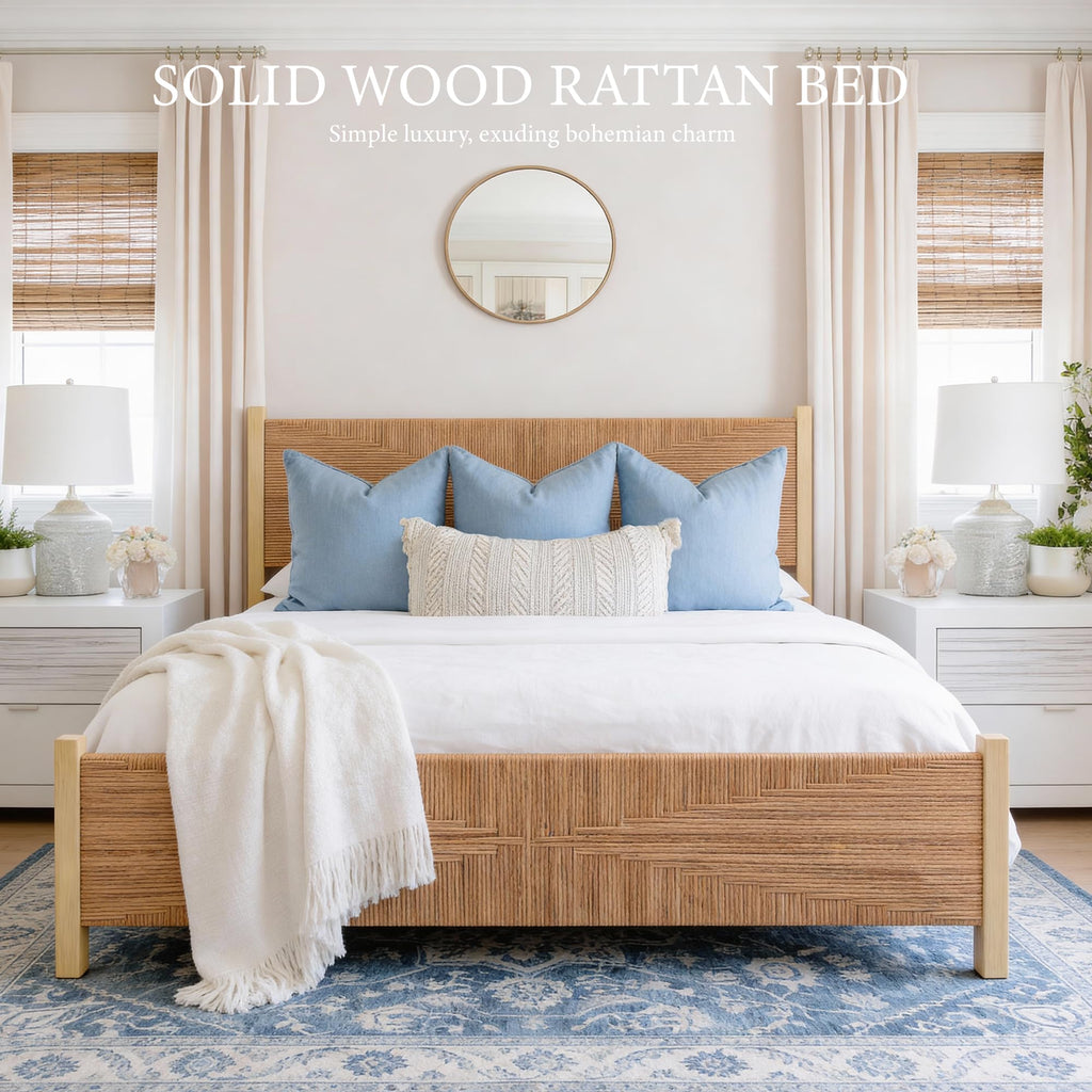 Solid Wood Rattan Bed Frame with Tall Headboard and Footboard, Mid Century Modern Hand-Woven Rattan Bedframe