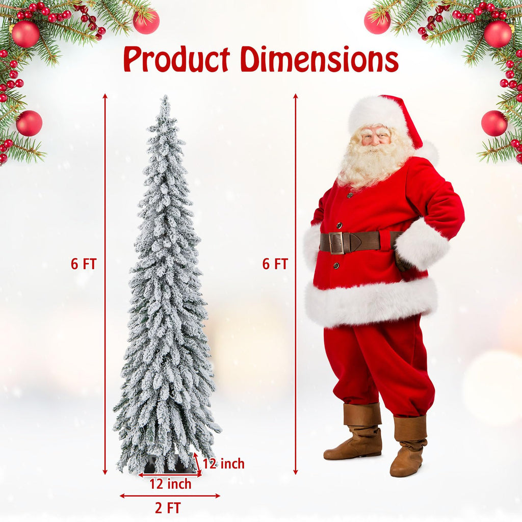 6 FT Pre-Lit Artificial Christmas Tree, Snow Flocked Slim Pencil Christmas Tree with Multi-Color & Warm-White LED