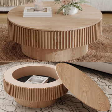 31.5''Round Coffee Table with Storage, Modern Luxury Circle Drum Center Tables with Solid Wood Veneered, Accent Side