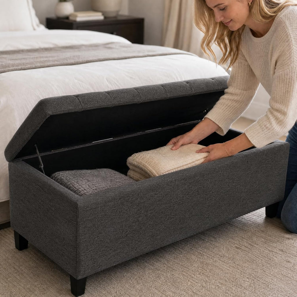 49" Upholstered Storage Bench, Button Tufted End of Bed Bench with Storage, Dual Spring Soft-Close Lid, Bedroom Bench