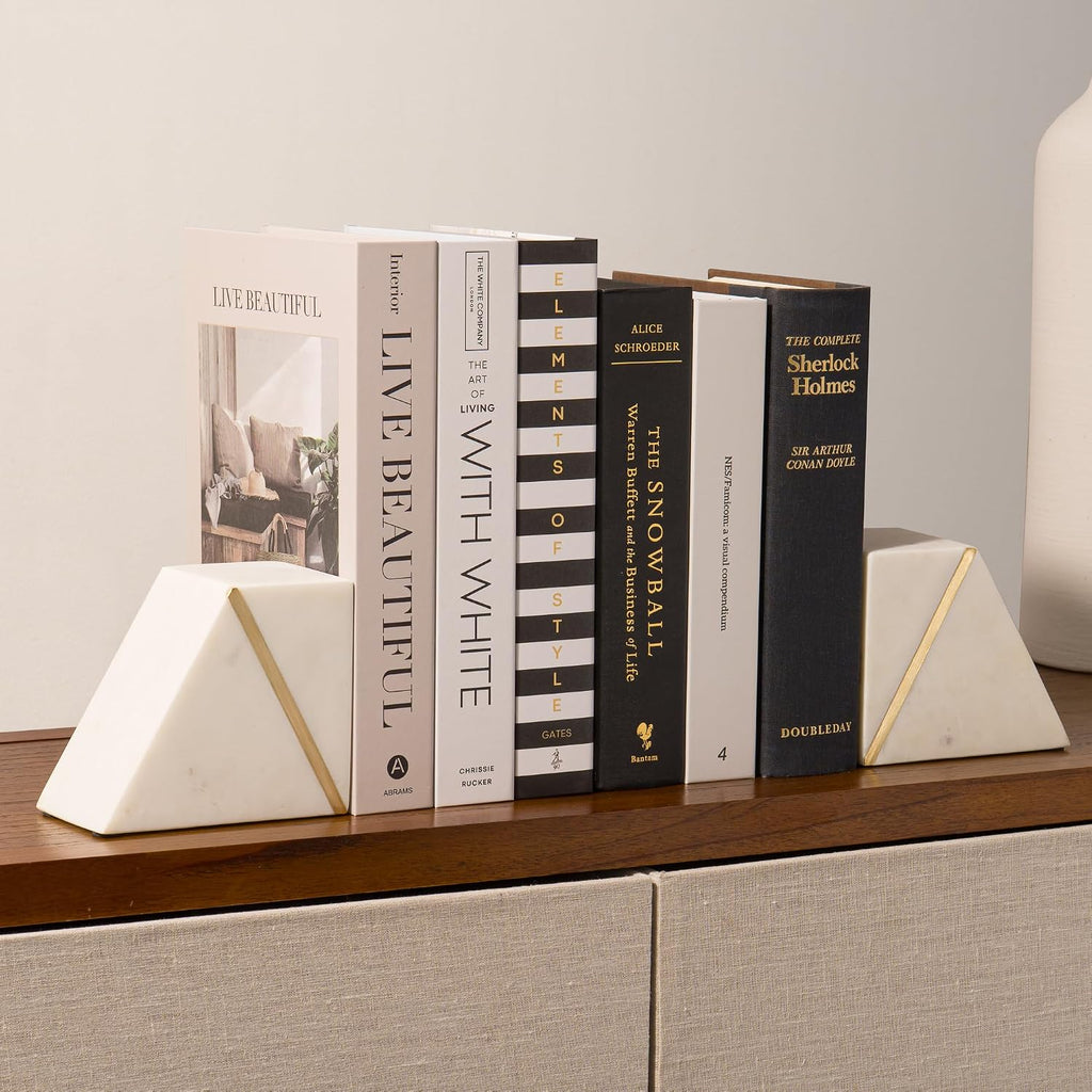 White Marble Bookends with Gold Brass, White, Set of 2 | Heavy Book Ends for Shelves, Solid Stone Bookshelf Decor