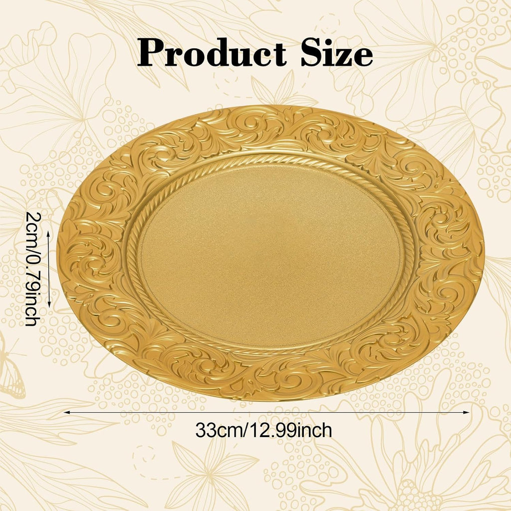 Gold Charger Plates Bulk, 13 Inch Round Charger Plate Set, Plastic Embossed Dinner Chargers Floral Plates - Set of 100