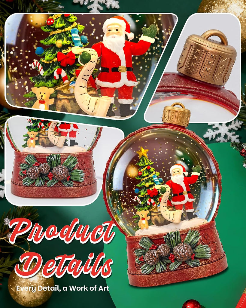 Christmas Santa Snow Globe Light up Lantern with 8 Songs, 6.69" Red Christmas Snow Globes for Kids Adults, 6H Timer &