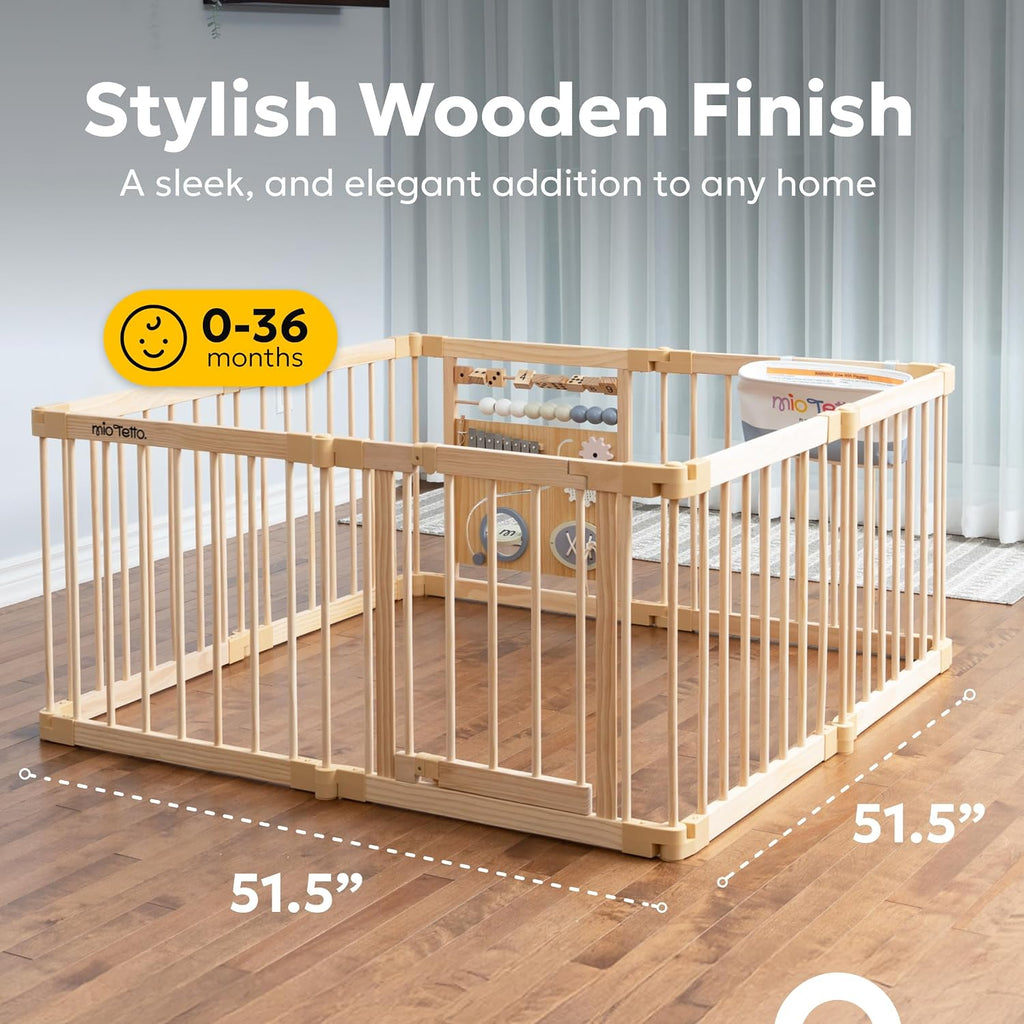 Baby Playpen, Wooden Playpen for Babies and Toddlers, Foldable Fence with Montessori Activity Panel, Storage Basket &
