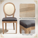 French Country Dining Chairs Set of 2, Farmhouse Rattan Dining Chairs with Round Back and Wood Legs for Kitchen or Bedroom, Deep Grey