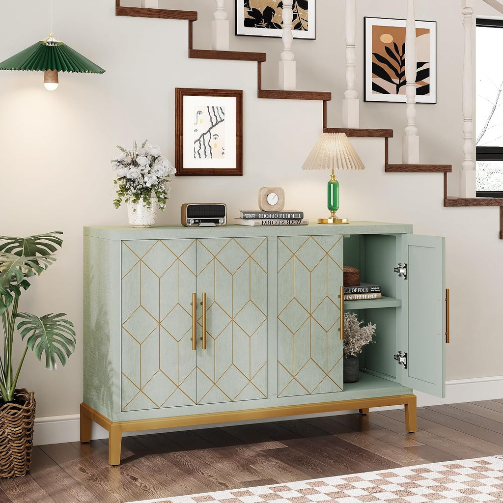 48" Accent Cabinet with 4 Doors and Shelves, Modern Credenza Storage Cabinet with Gold Trim, Green Buffet Cabinet