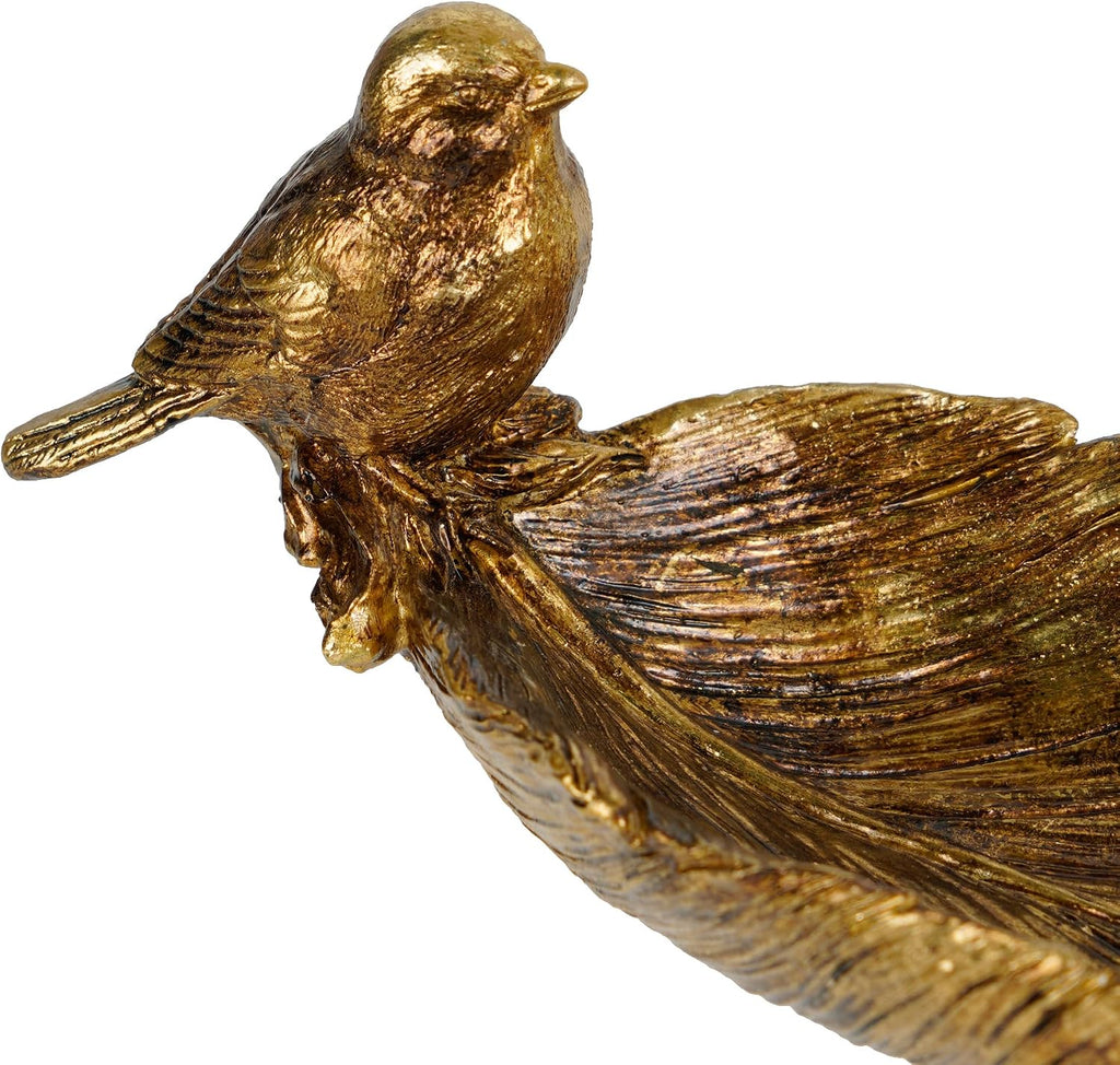 Resin Jewelry Tray, Gold Leaf-shaped with Standing Bird, Ring Dish, Decorative Organizer for Entrance Vanity Dresser