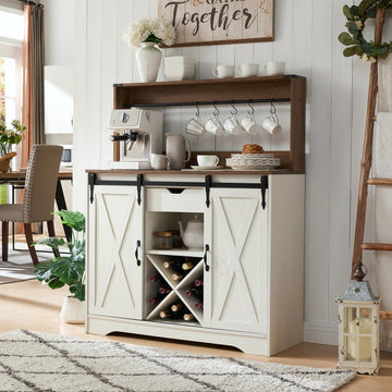 Farmhouse Coffee Bar Cabinet with Charging Station and USB, White