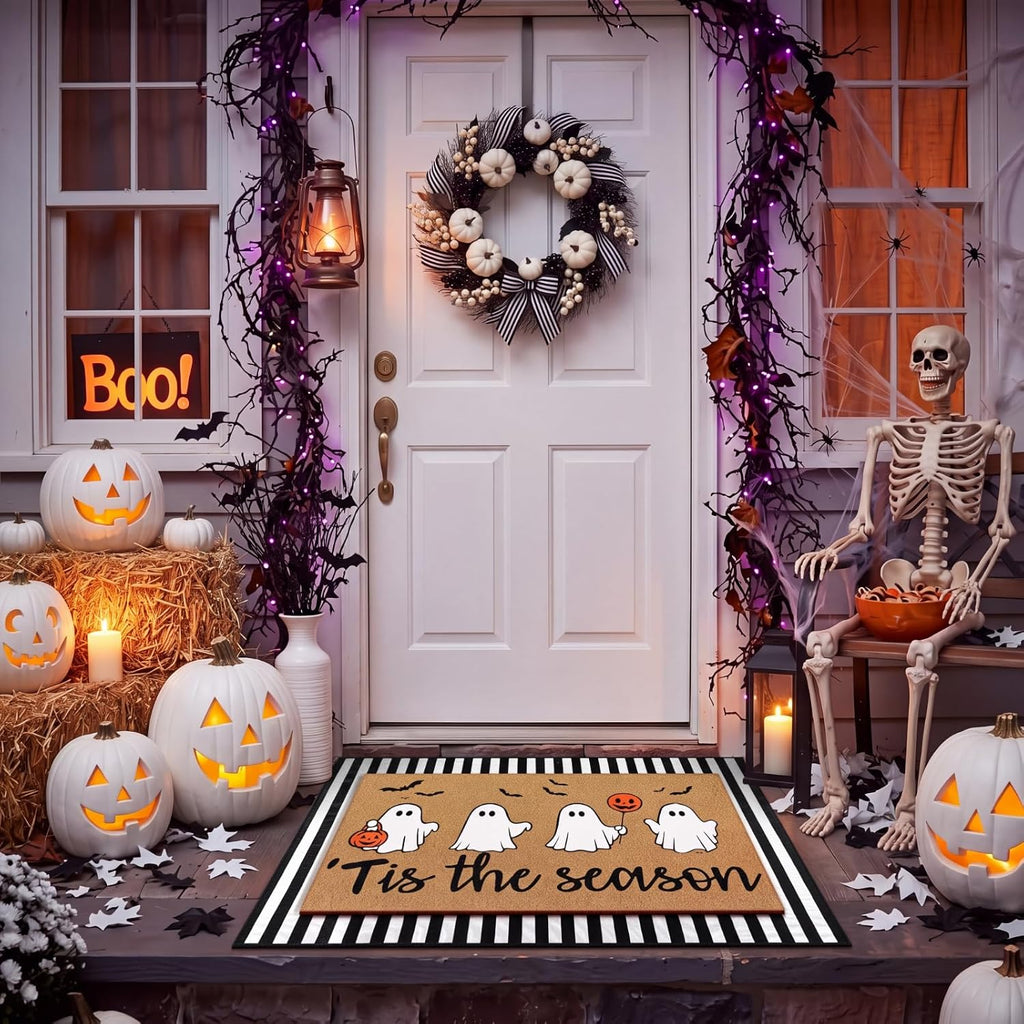 2 Pcs Halloween Layered Doormat Set for Front Porch, Cute Ghost | Tis the Season Ghost Pumpkin Mat with Black White