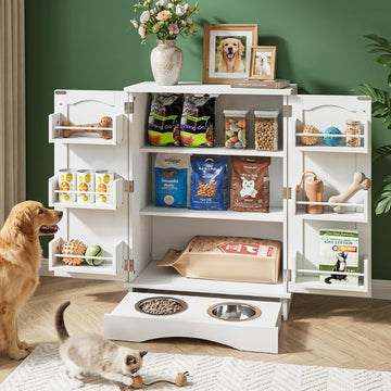 23.5"(w) Dog Feeding Station with Storage, Dual Door Hung Storage, Hidden Feeding Bowls, (Off White)