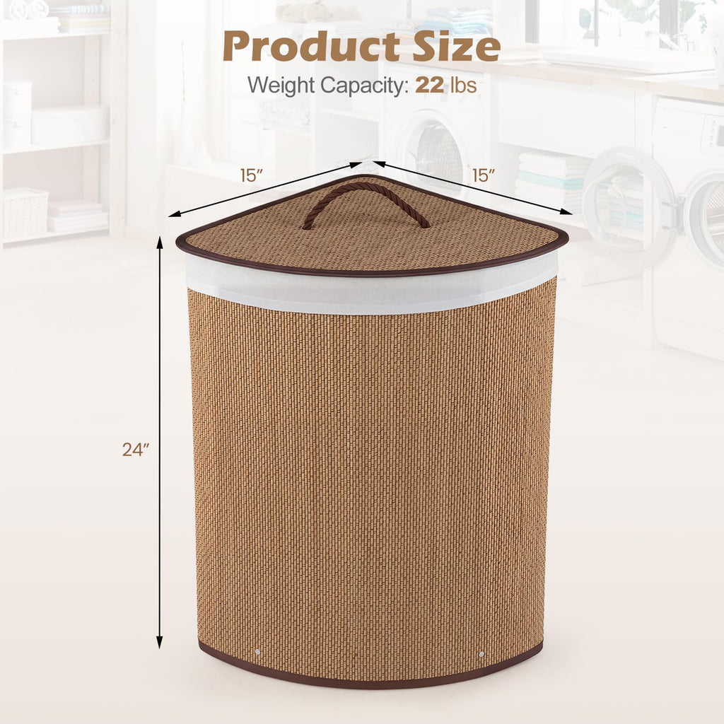 15 Gal Corner Laundry Hamper w/Lid, Removable Liner & Handle Khaki