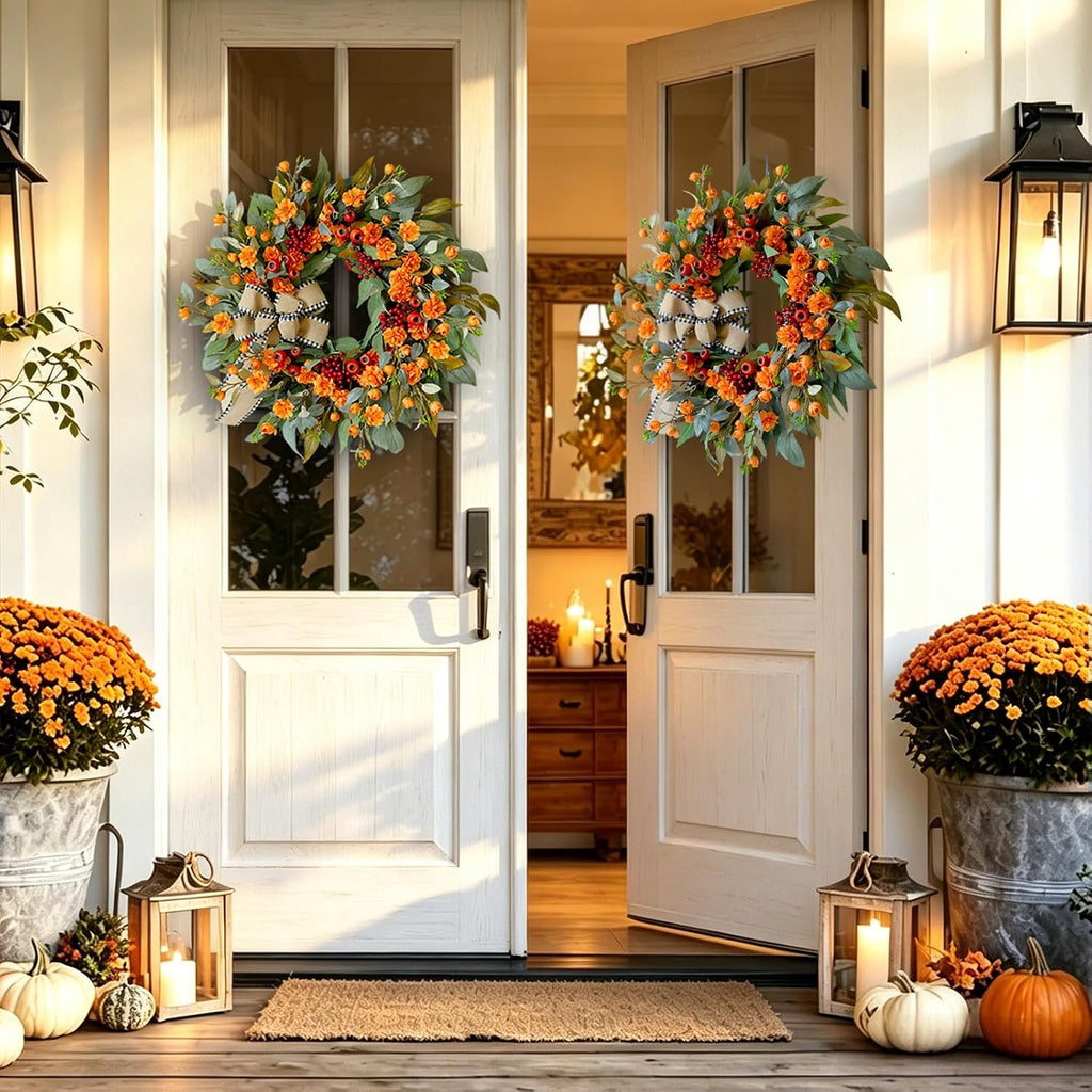 24 Inch Harvest Fall Wreaths for Front Door Outside with Bow & Red Berries