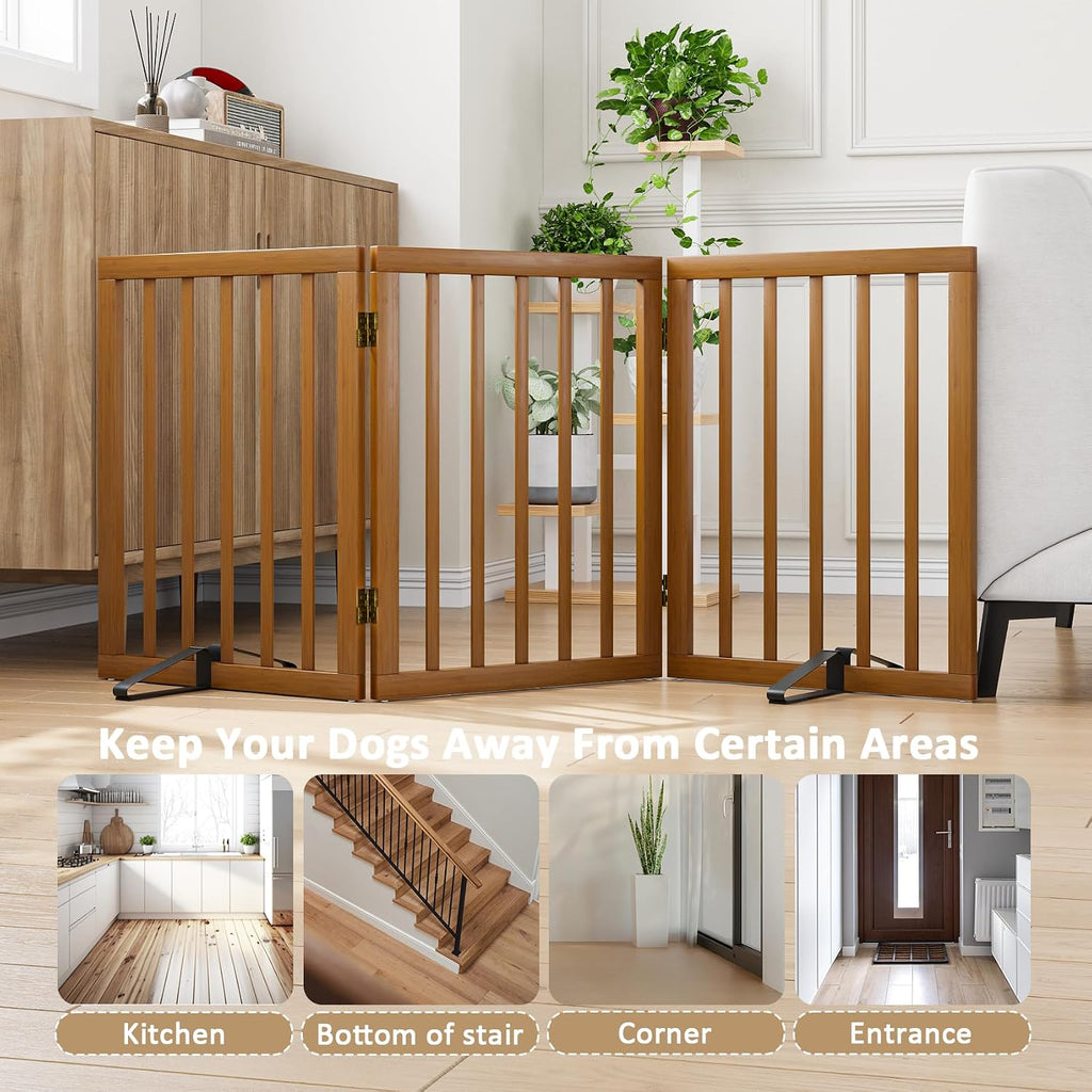 Freestanding Pet Gate Foldable Dog Gate (55 inches Wide) Walnut Bamboo Dog Gates for Stairs Doorways House (2 Support