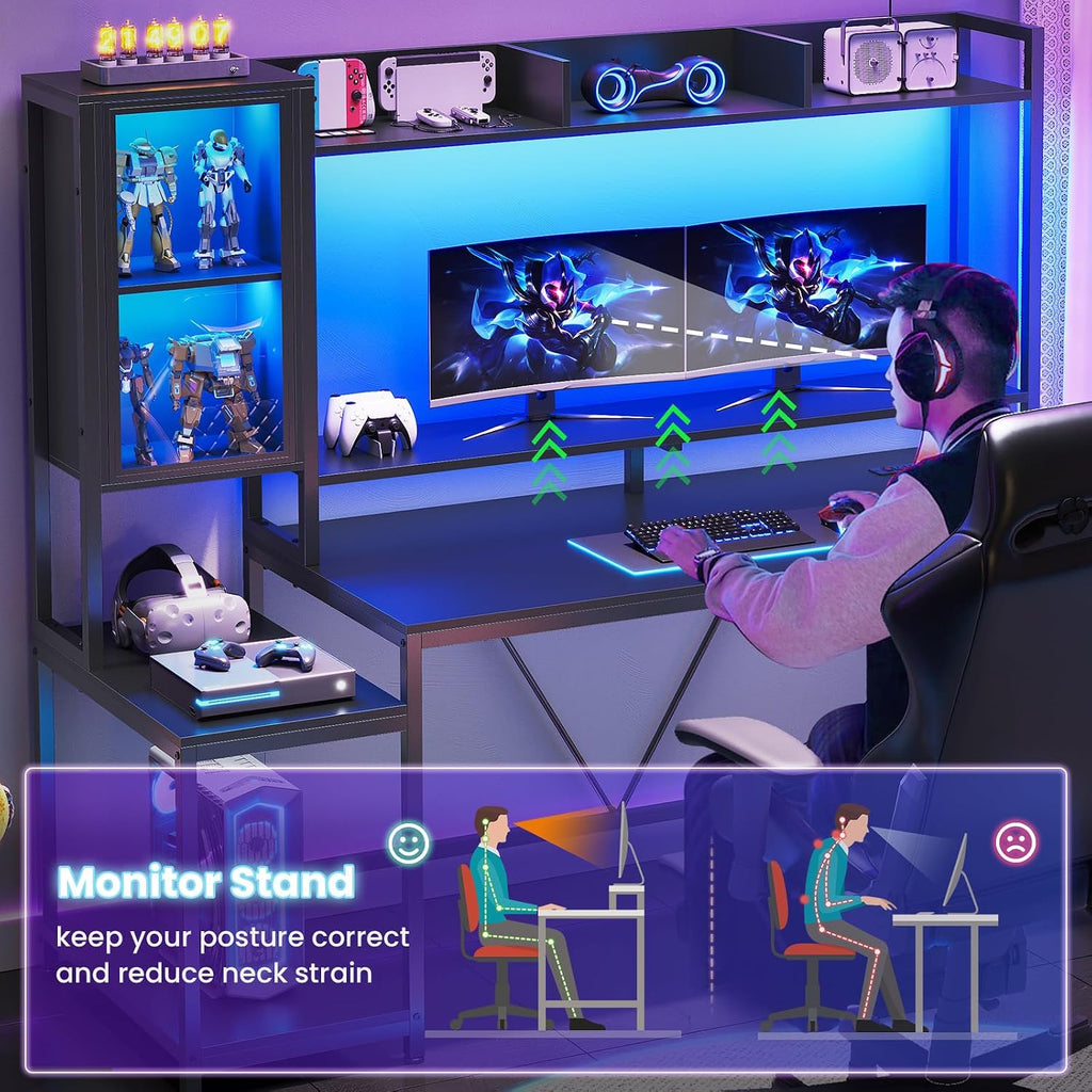 60'' Gaming Desk with Storage, Hutch, Display Cabinet and LED Lights | Computer Desk with Monitor Stand, Large PC