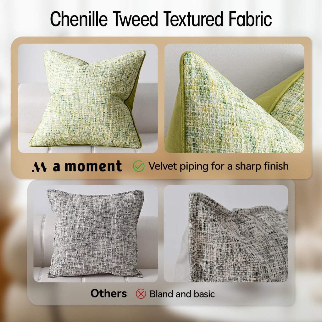 Green Reversible Pillow Covers 2 Pack - Farmhouse Chenille Velvet Throw Pillows, Neutral Textured Decorative Throw