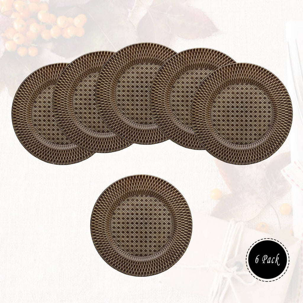 Faux Rattan Plastic Rustic Charger Plates, Set of 6 Elegant Round Plate Chargers for Dinner, Decorative for Events