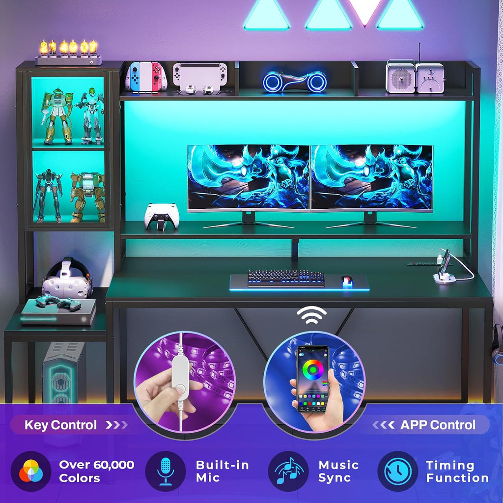 60'' Gaming Desk with Storage, Hutch, Display Cabinet and LED Lights | Computer Desk with Monitor Stand, Large PC