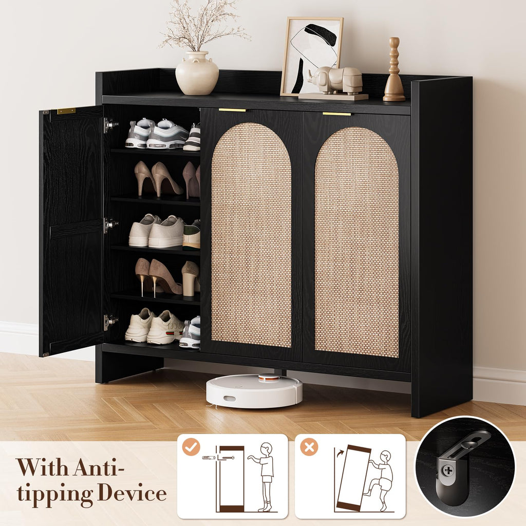 Shoe Cabinet Storage - Rattan Accent Cabinet with 3 Doors & Adjustable Shelves, 6-Tier Large Wood Shoes Cabinets with