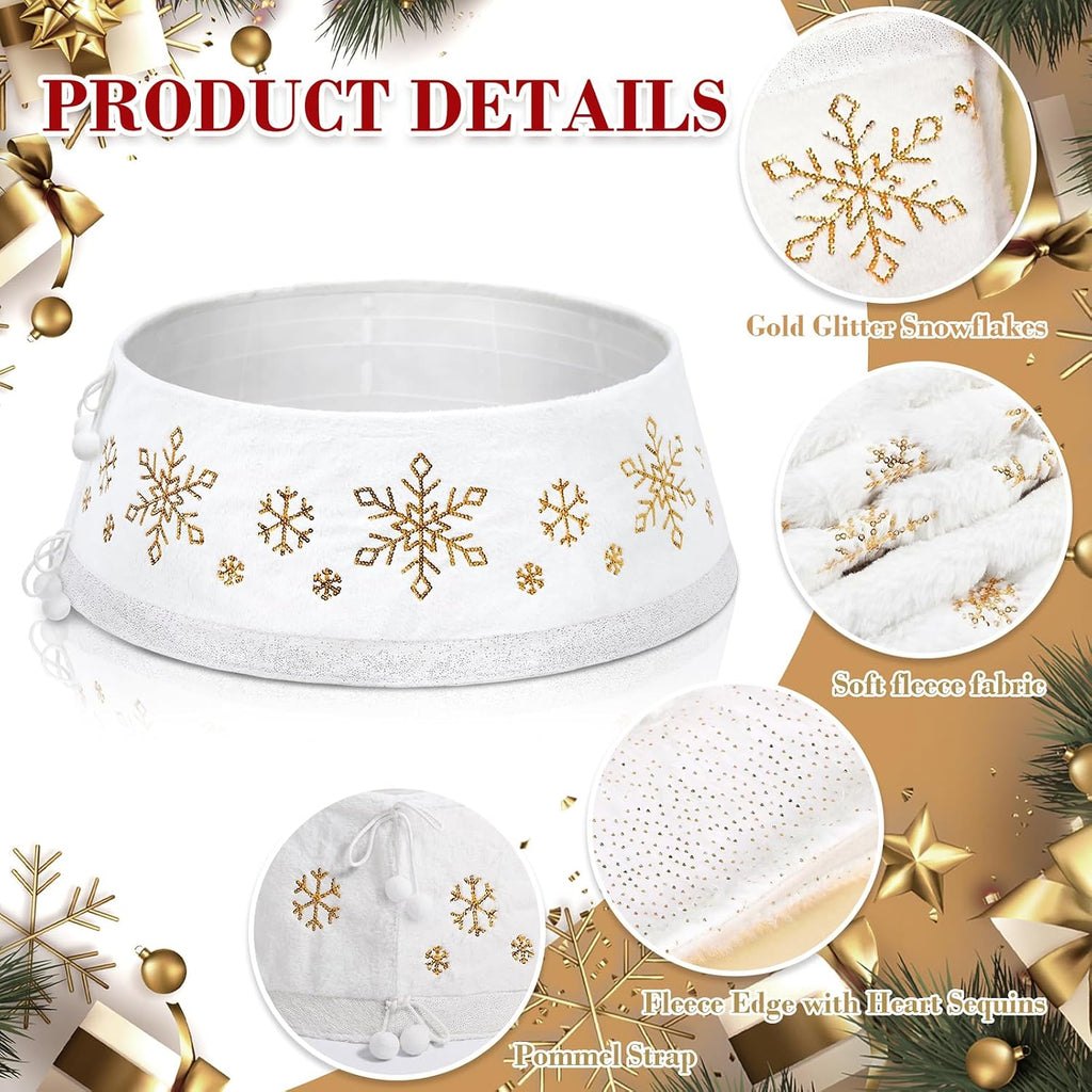 Christmas White Tree Collar Ring, 30'' Plush Gold Snowflake Sequin Tree Skirt, Christmas Artificial Tree Base Stand