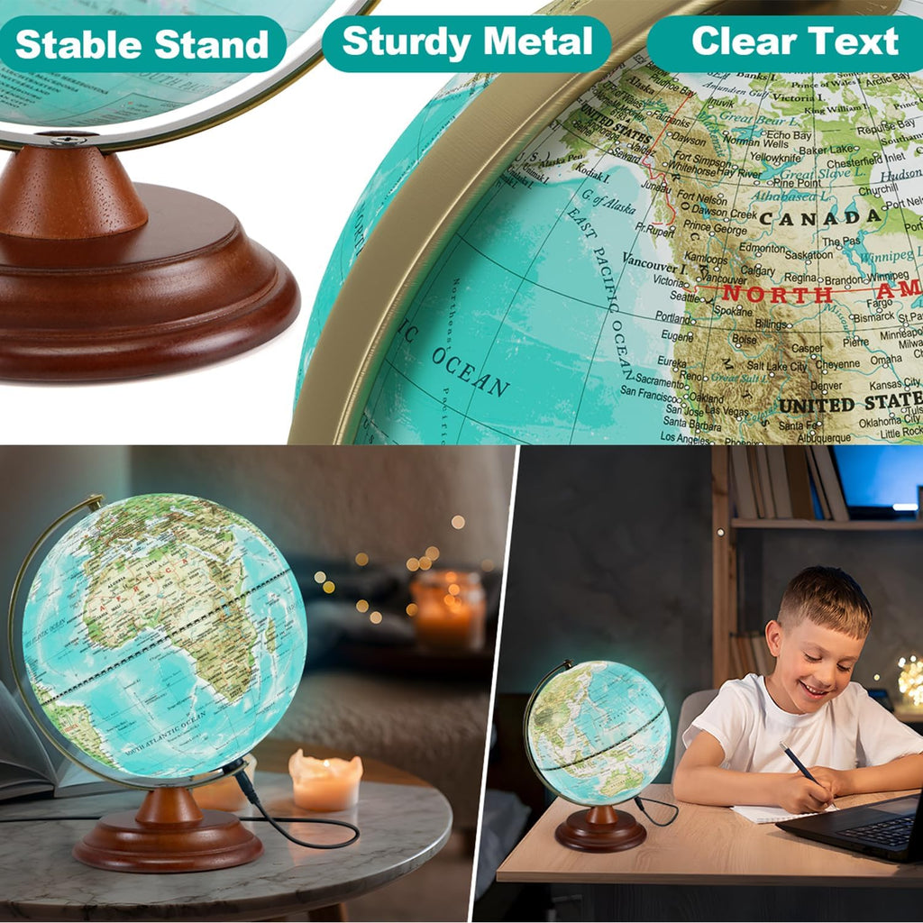 Illuminated Globe of the World with Wooden Stand, 8'' World Globe for Kids & Adults' Learning Built-in LED Night