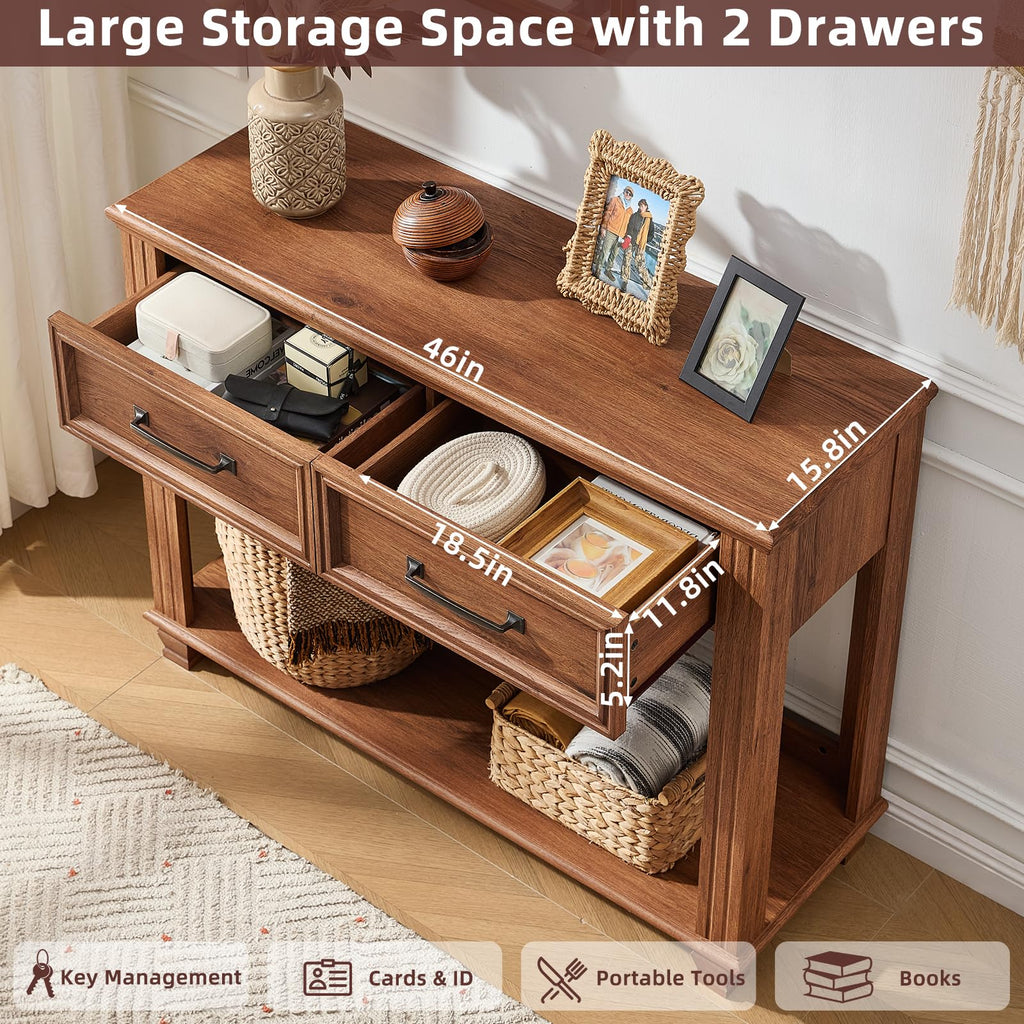 46" Farmhouse Console Table with Drawers, Brown Entryway Table