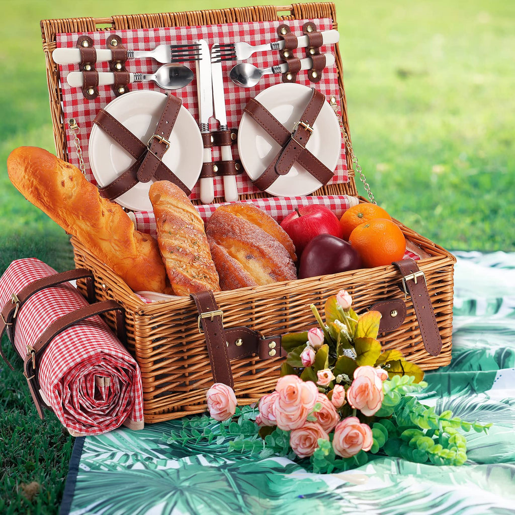 Red Plaid Wicker Picnic Basket for 4 with Waterproof Blanket