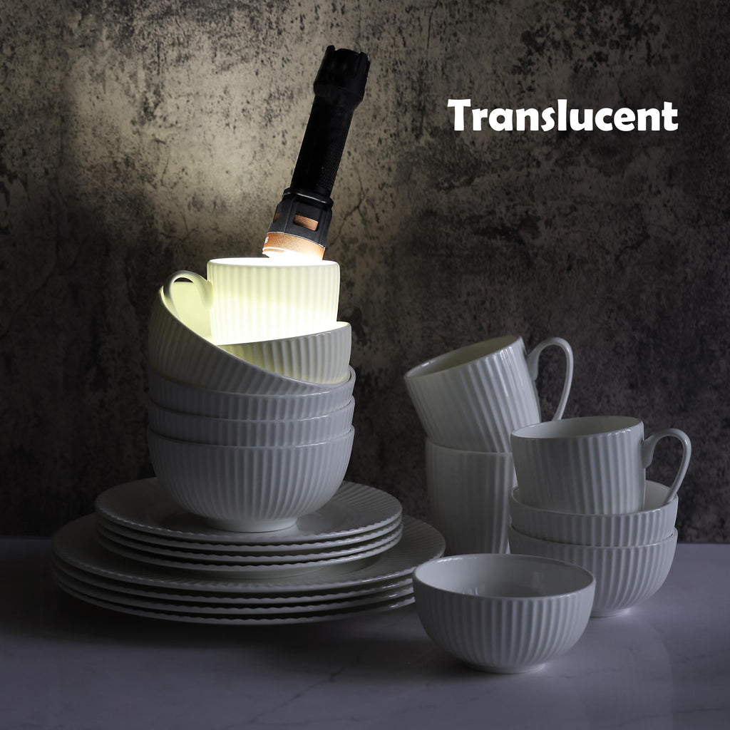 Bone China Dinnerware, 20PC Set, Service for 4, White Embossed, stripe, Microwave Safe, Translucent, Elegant