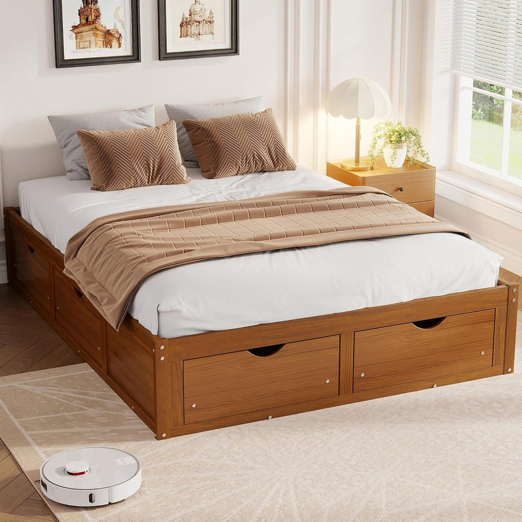 Japanese Wooden Bed Frame Queen with 6 Storage Drawers (Walnut, Queen)
