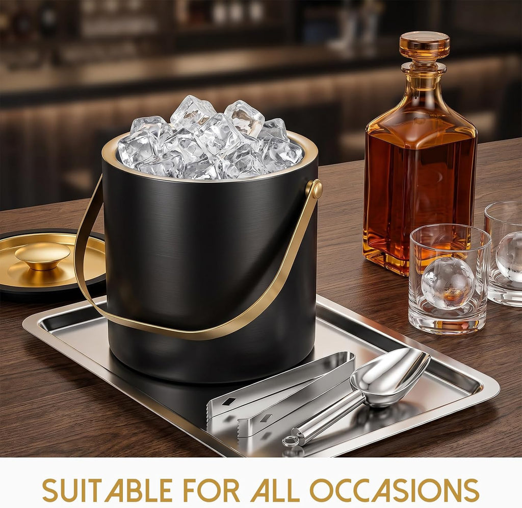 3L Modern Insulated Ice Bucket with Silicone Lid, Scoop, Strainer Double Wall Insulated Stainless Steel Ice-Bucket