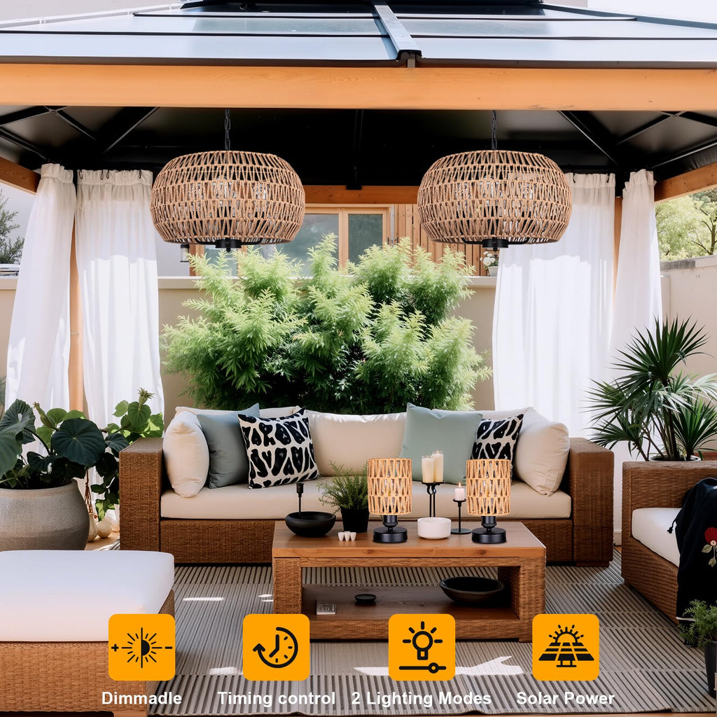 Outdoor Solar Chandelier, 4-Light 19" Rattan Outdoor Chandelier, Hanging Pendant Lights, Waterproof, for Gazebo