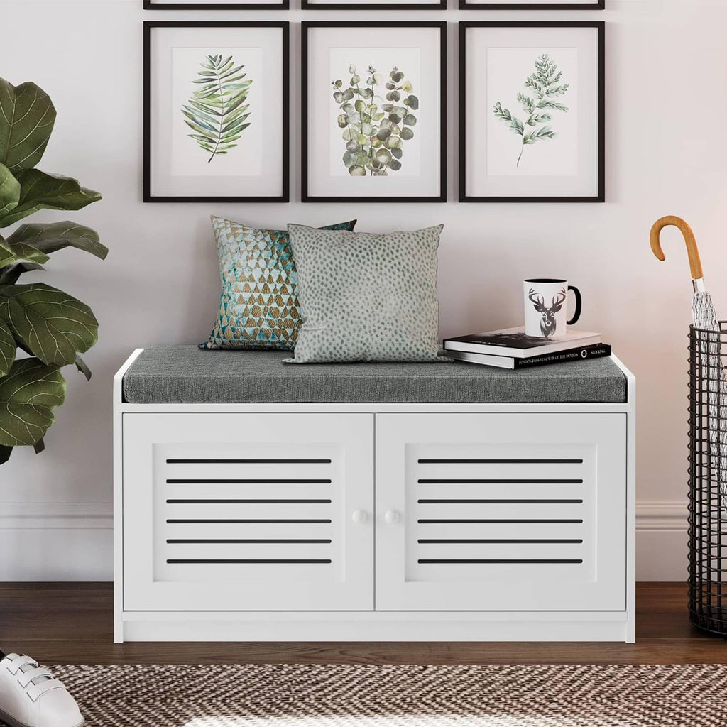 Shoe Storage Bench - Adjustable Shelves & Cushion Seat, White