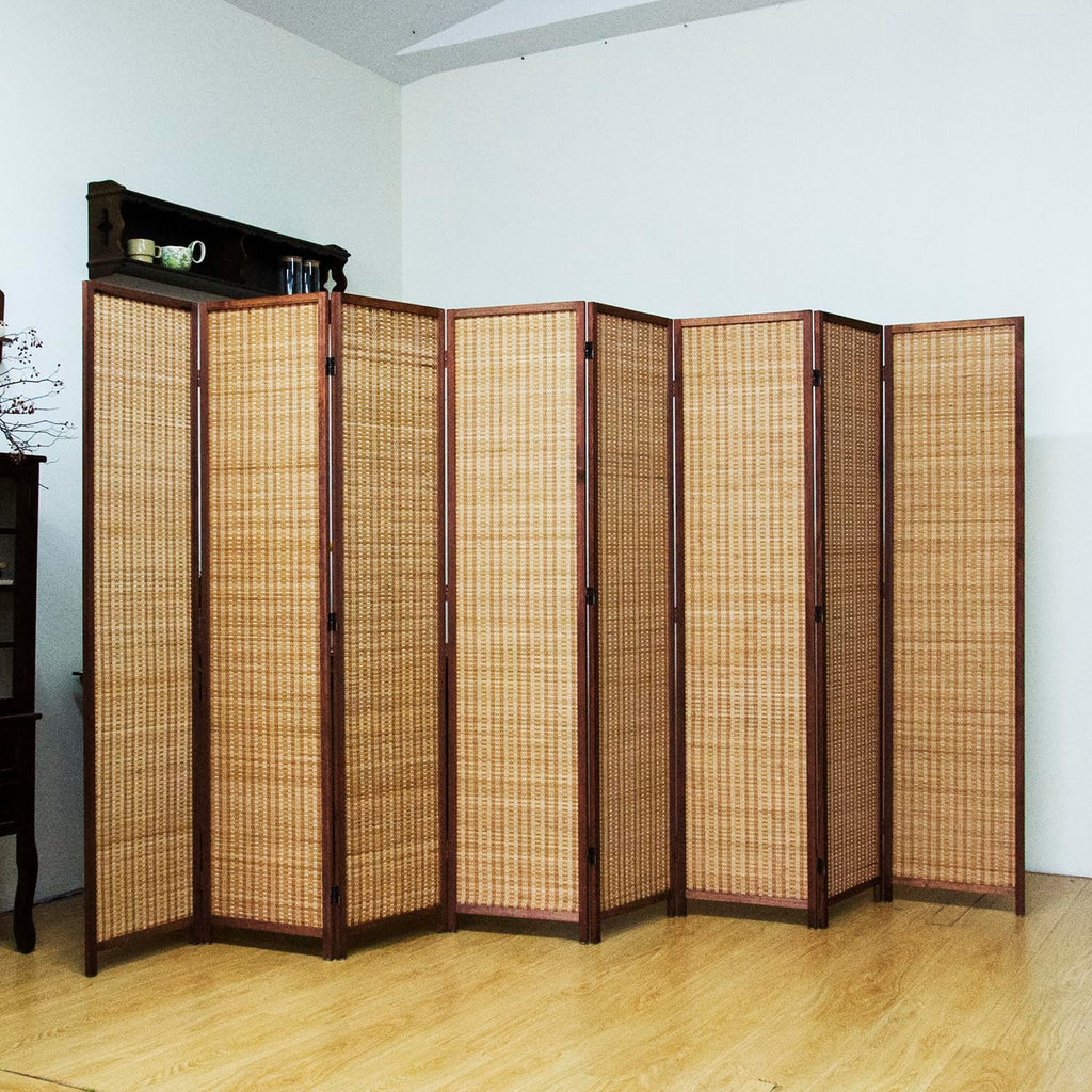 8 Panel Bamboo Room Divider - 5.6 ft Tall Brown Folding Privacy Screen, Double-Sided Freestanding Partition Wall with