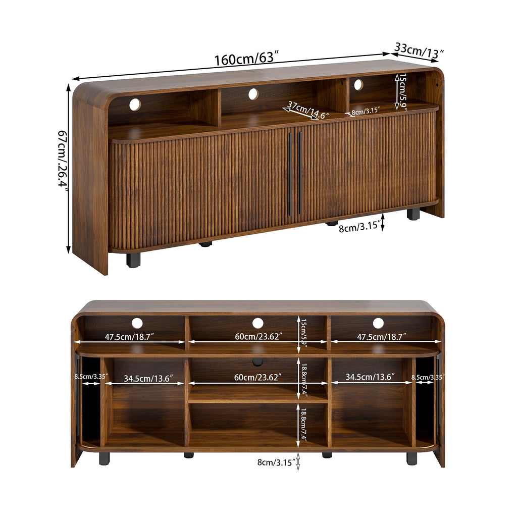 Walnut TV Stand for 65 70 75 Inch TV, Fluted Mid Century Modern TV Console with Sliding Doors, 63 Inch Entertainment