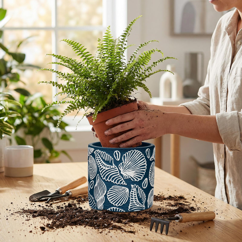 Ceramic Plant Pots, 5.5 Inch Planter Pot with Drainage Hole, Shell Fish Patterns Ceramic Planters Flower Pot for